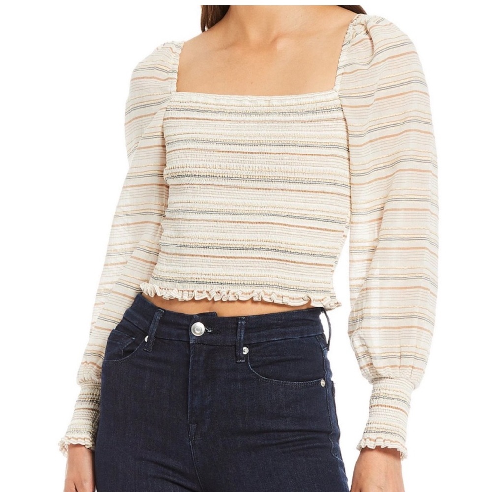 Gianni Bini Angel Woven Multi Striped Smocked Square Neck Long Puff Sleeve Top